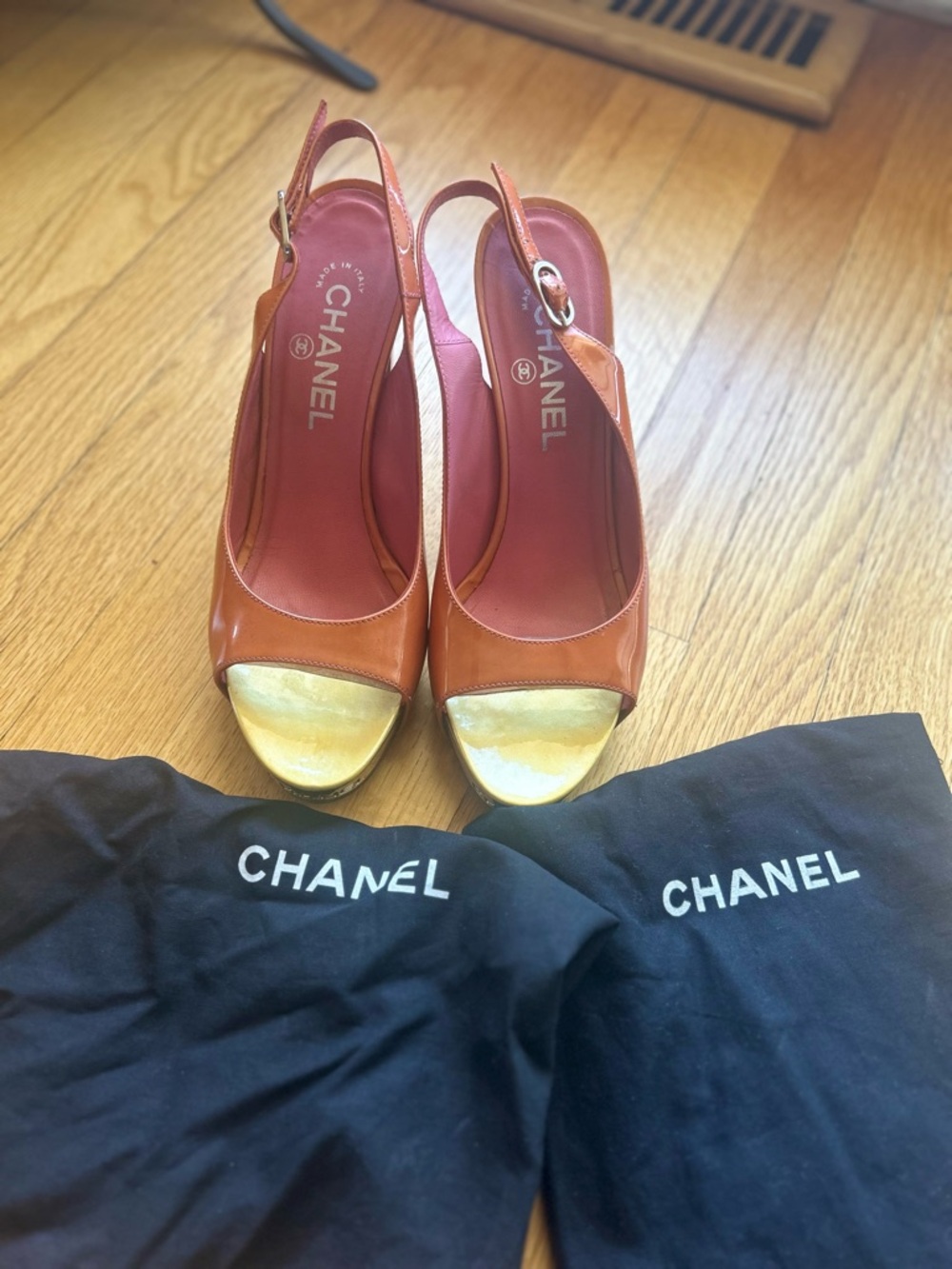 CHANEL Tan Leather Slingback Peep-Toe Heels with Gold Toe Cap